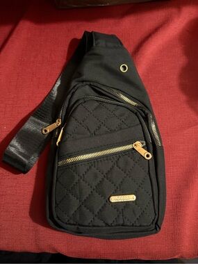 Source Unknown Black Quilted Sling Bag with Gold Accents